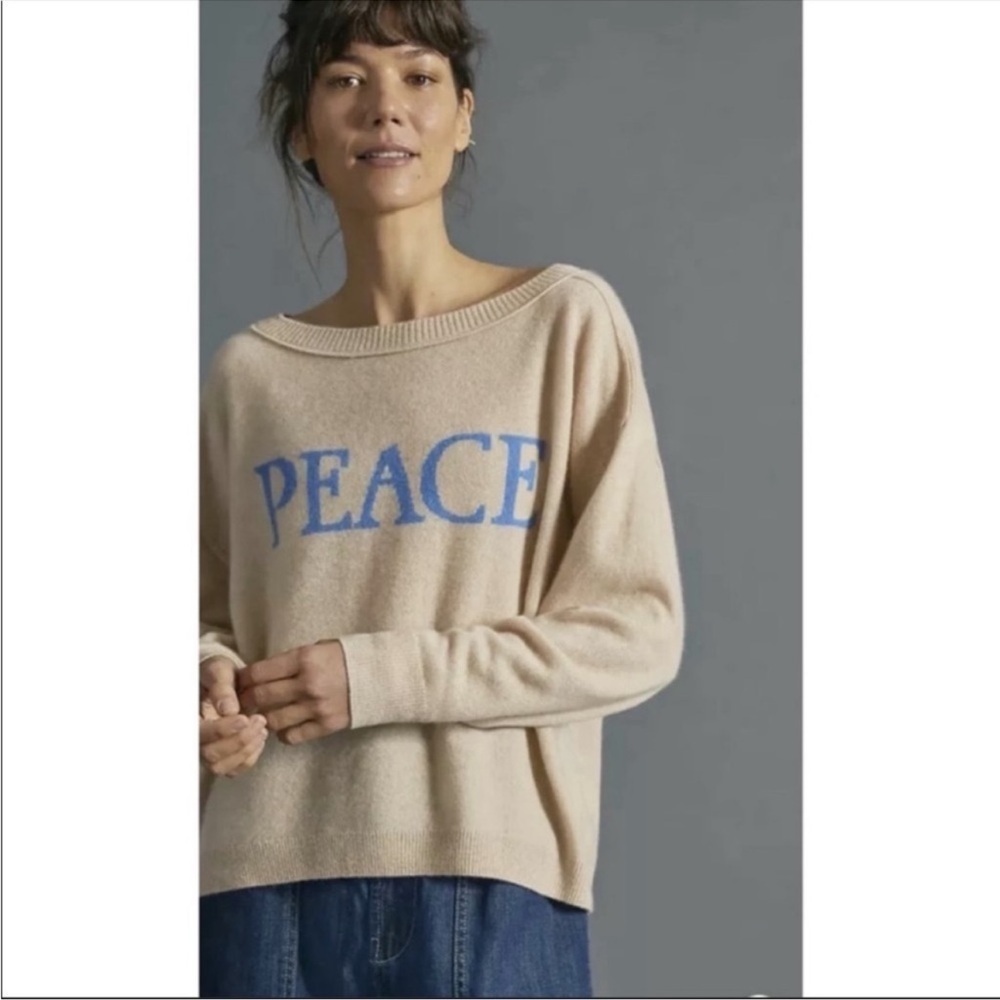 Anthropologie 100% Cashmere Peace Graphic Oversized Boat Neck Sweater Cream XS